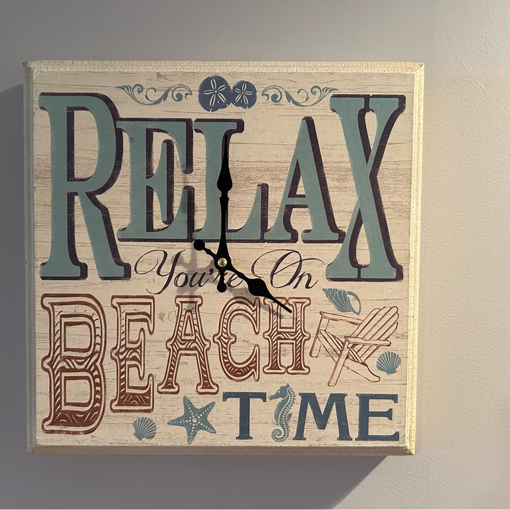 Distressed Wooden Square Clock with "Relax You're On Beach Time" - Picture 2 of 7